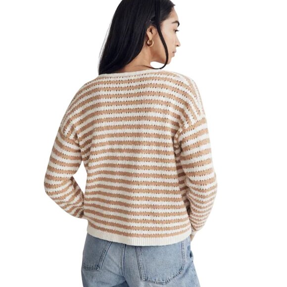 Madewell Open Stitch Cardigan Sweater In Stripe Earthen Sand Size L - Picture 4 of 10